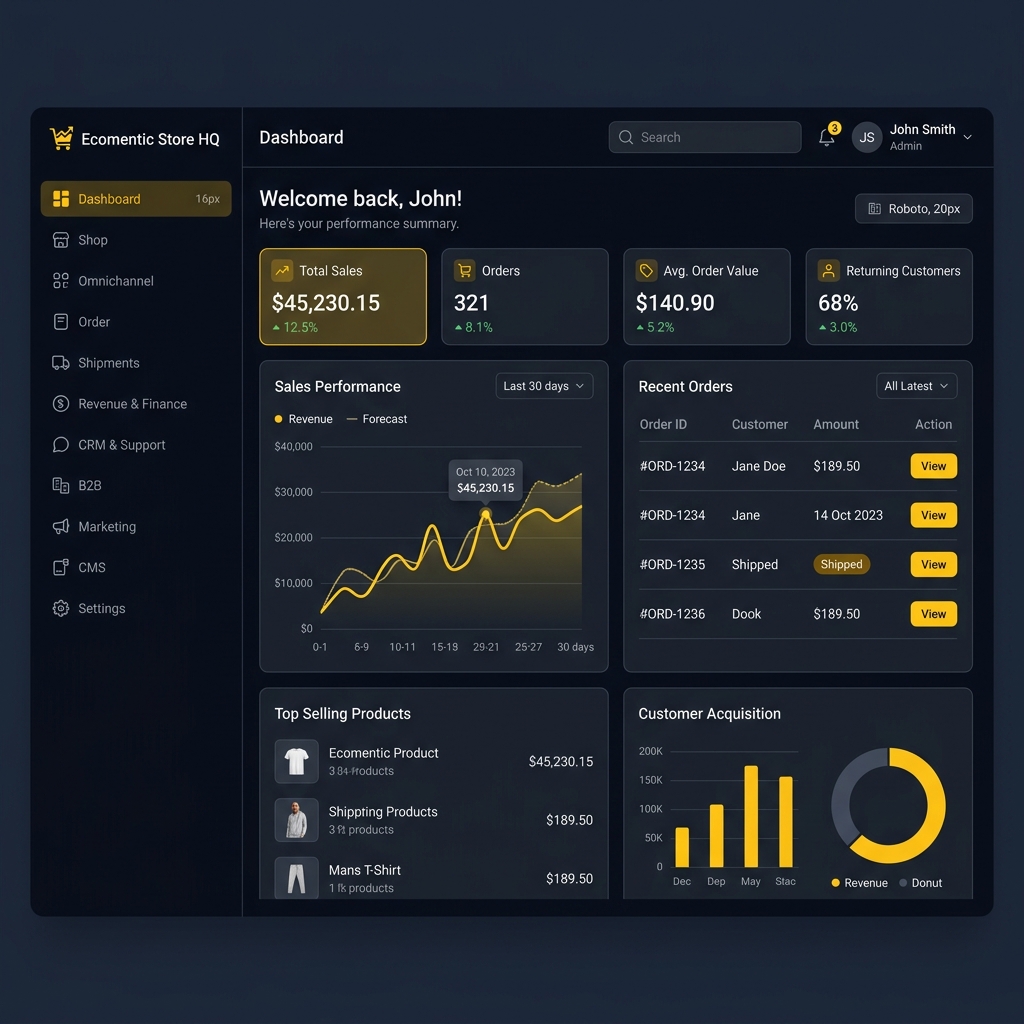 Ecomentic admin dashboard with revenue analytics and order management